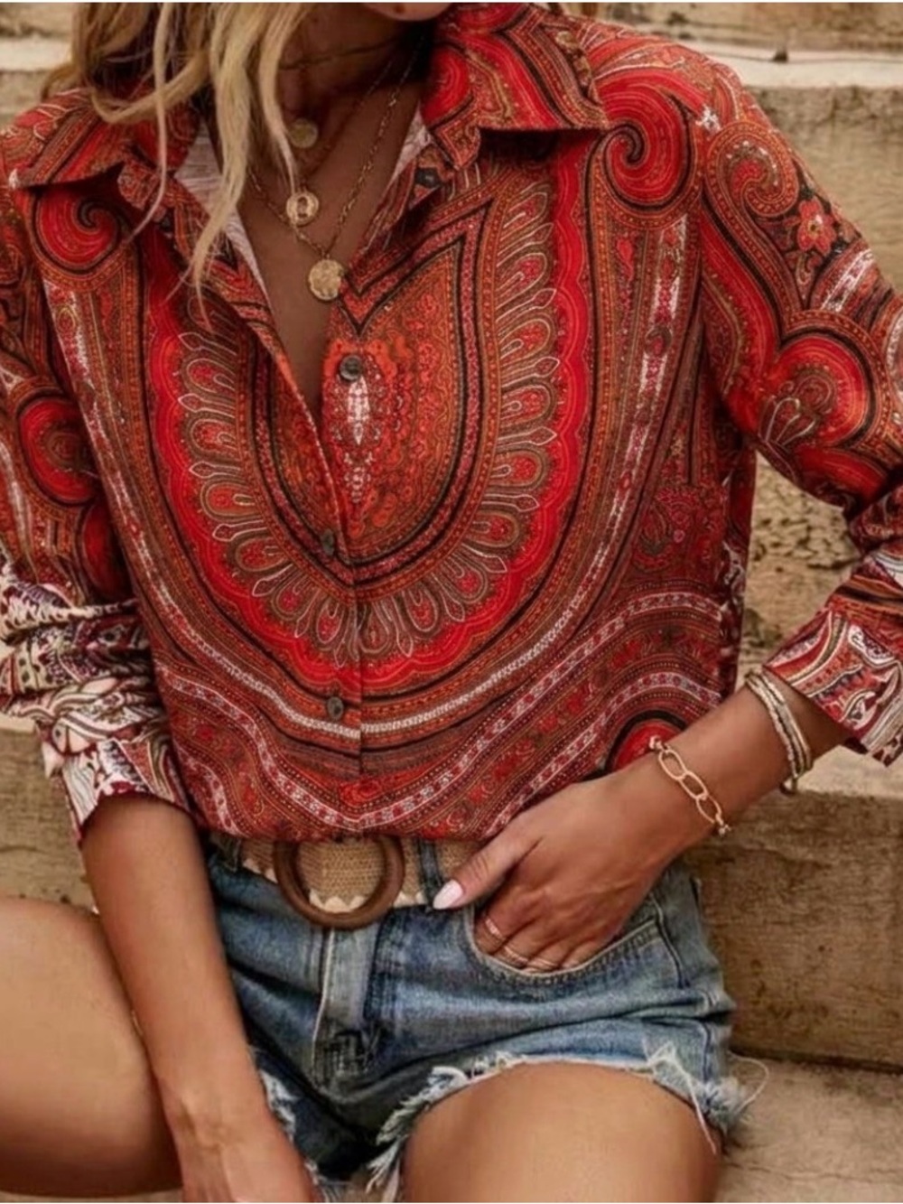 Vintage Style Isaac Mizrahi Red Paisley Button-Down Shirt